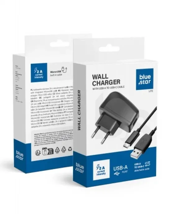 Phone Charger Blue Star Lite Usb A 2A 10W + Cable Usb A To Usb C Tfk-Tc-1095B Black