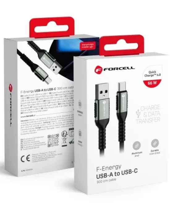 Cable Usb A To Usb C Forcell F-Energy Qc4.0 3A 66W Cafule 3 M C256 Black