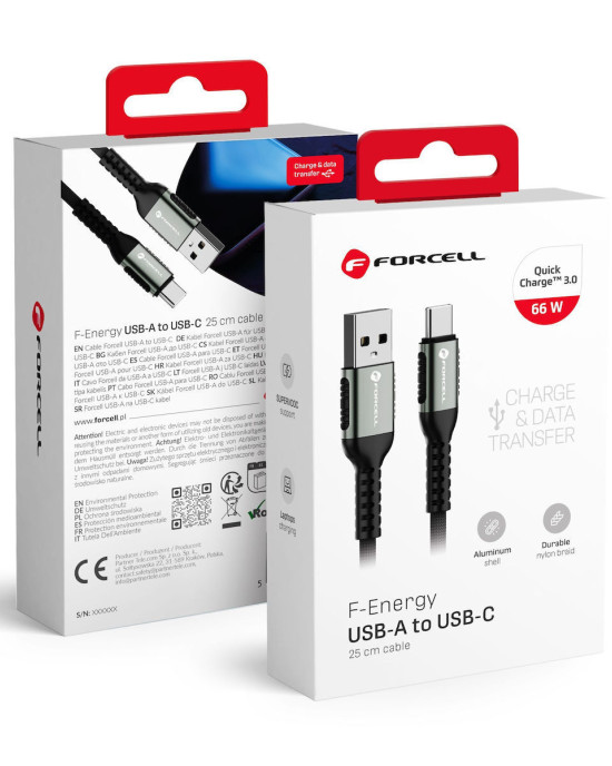 Forcell F-Energy C256 Cable Usb A To Type C Qc4.0 3A 66W Cafule 0,25 M Black