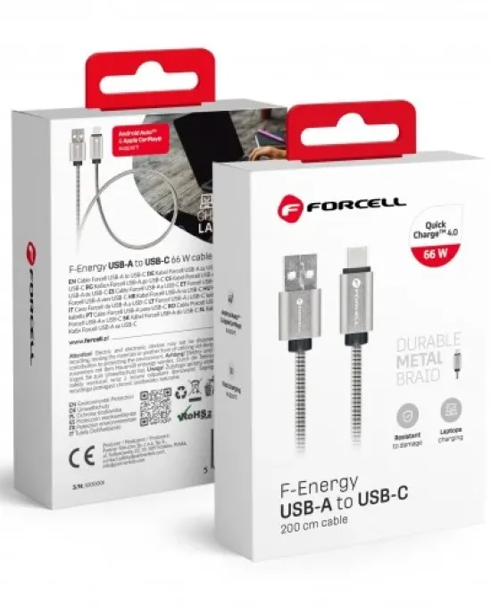 Cable Usb A To Usb C Forcell F-Energy Qc4.0 3A 66W Metal 2 M C234 Silver